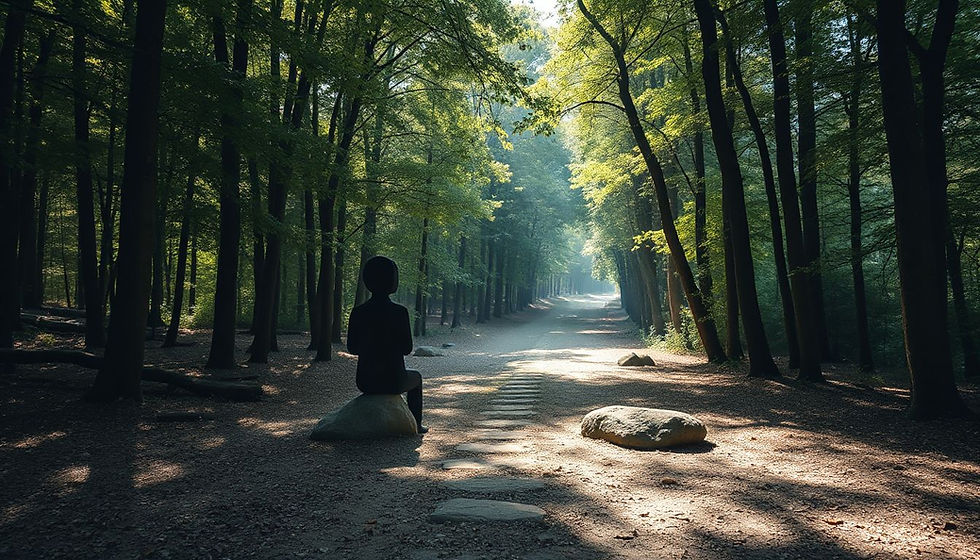 Forest scene with a shaded sculpture sitting on a rock beside a sunlit path. Tall trees create a serene, green canopy overhead.
