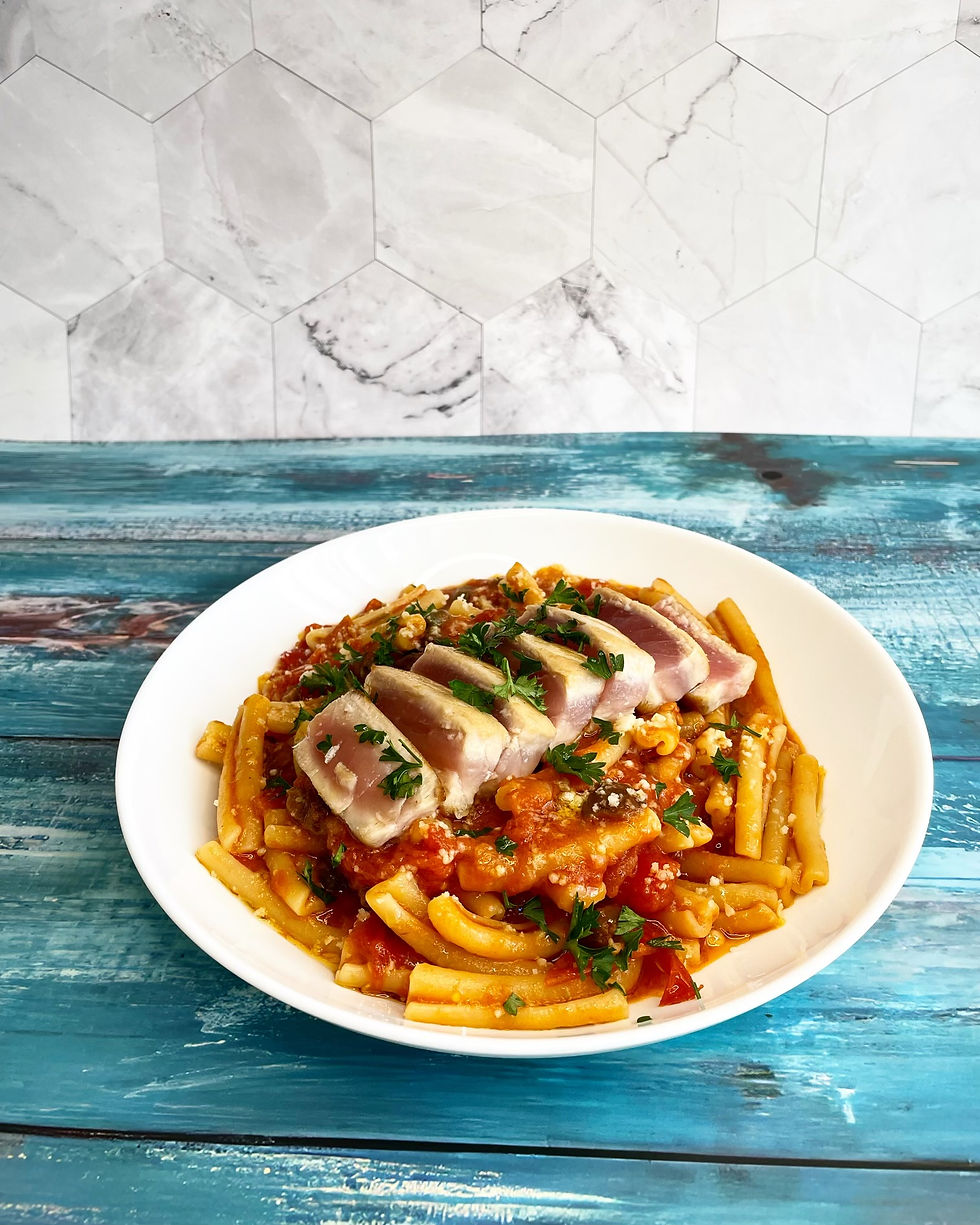 strozzapreti all puttanesca & yellowfina tuna filet