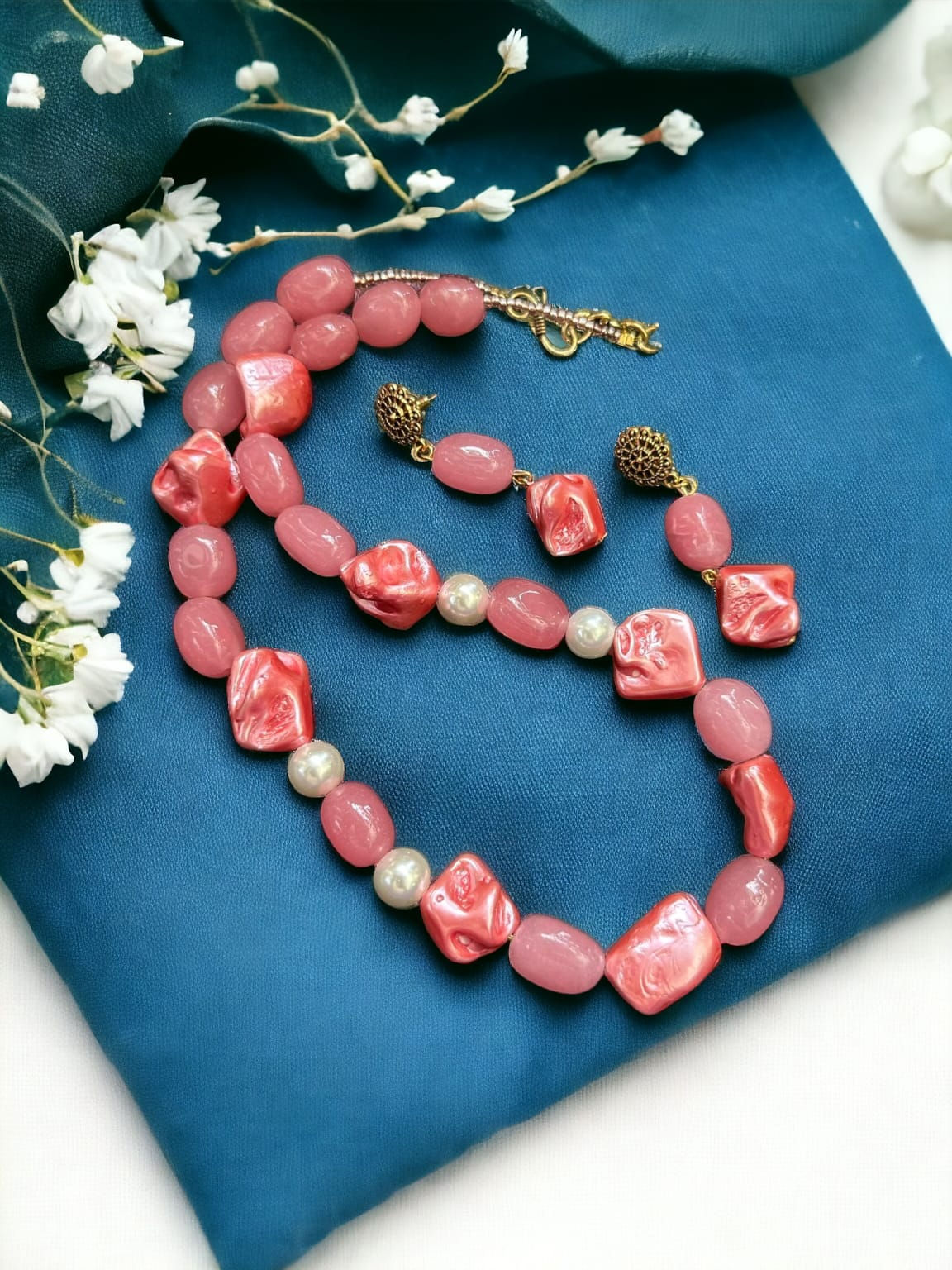 Peach Color Real Tumble Mala with earrings