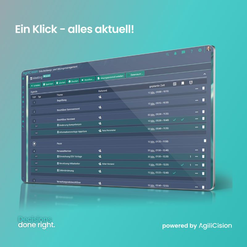 Bildschirm, der die Agenda einer mit AgiliCision erstellten Sitzung zeigt. Hintergrund ist türkis-grau. Unten links in der Ecke steht: Decision done right.