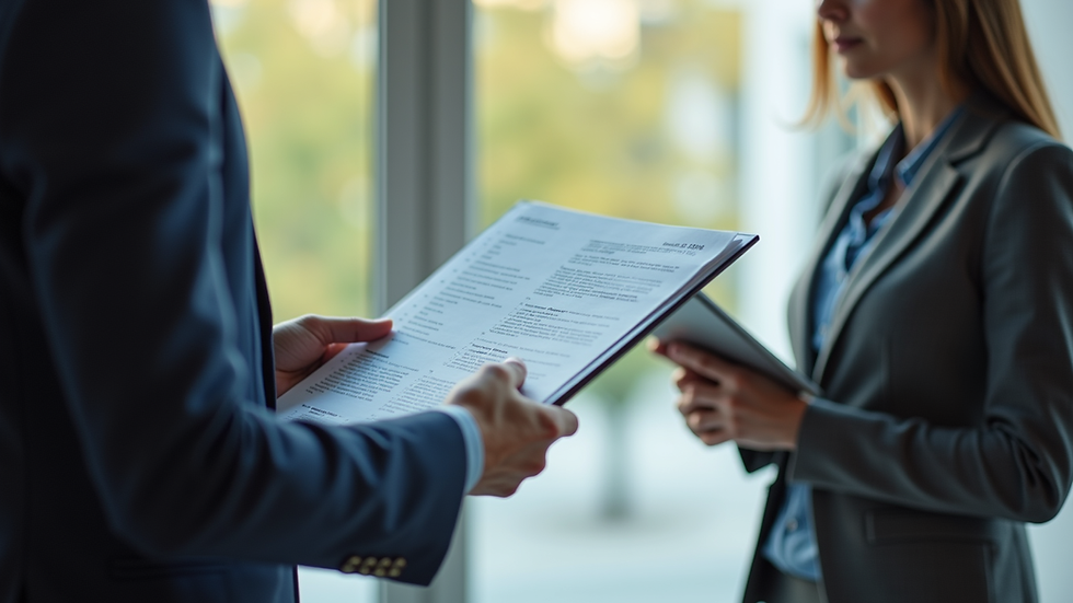 Close-up view of a consultant explaining ISO documentation to a business manager