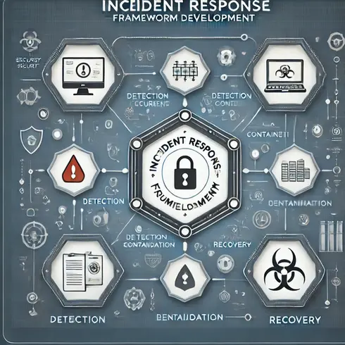 DALL·E 2025-02-13 16.19.34 - A simple and modern illustrated design for 'Incident Response Framework Development'. The image should feature a central security dashboard displaying