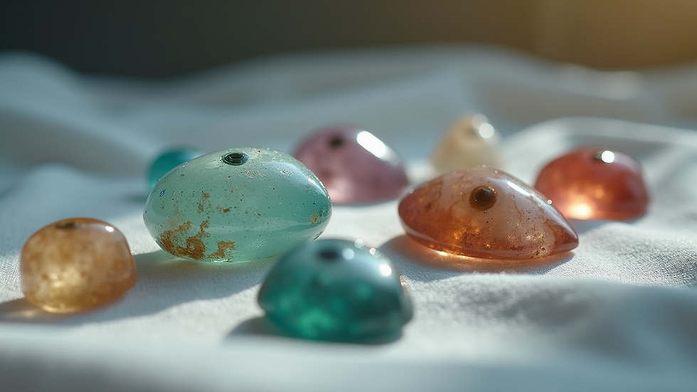 Close-up view of various third eye chakra crystals on a soft fabric surface