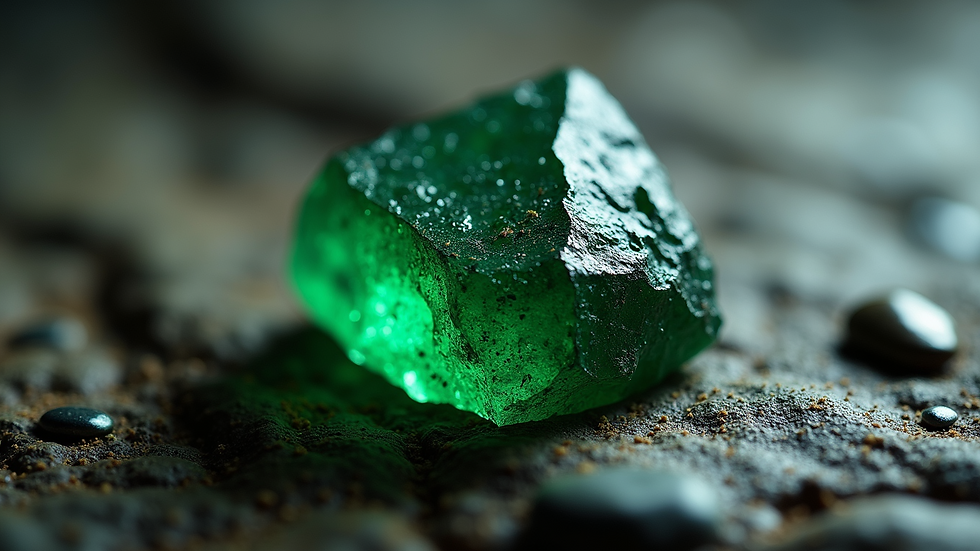 Close-up of a rough green gemstone on a textured sandy surface, surrounded by small pebbles, with a soft, blurred background.