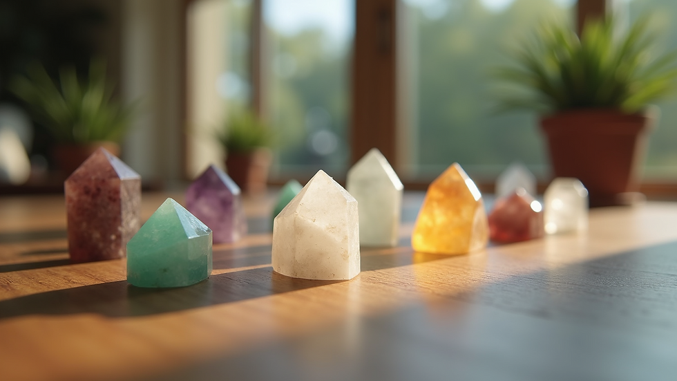 Close-up view of an assortment of meditation crystals on a wooden surface