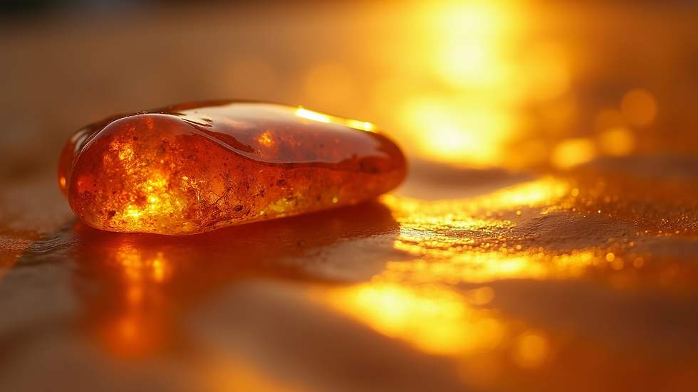 Close-up view of a polished amber piece reflecting sunlight