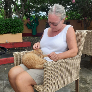 Während Suzanne ihren Aperitif genoss, machte es sich ihr neuer Freund, der Brennerei-Kater, auf ihrem Schoss bequem und liess sich verwöhnen...