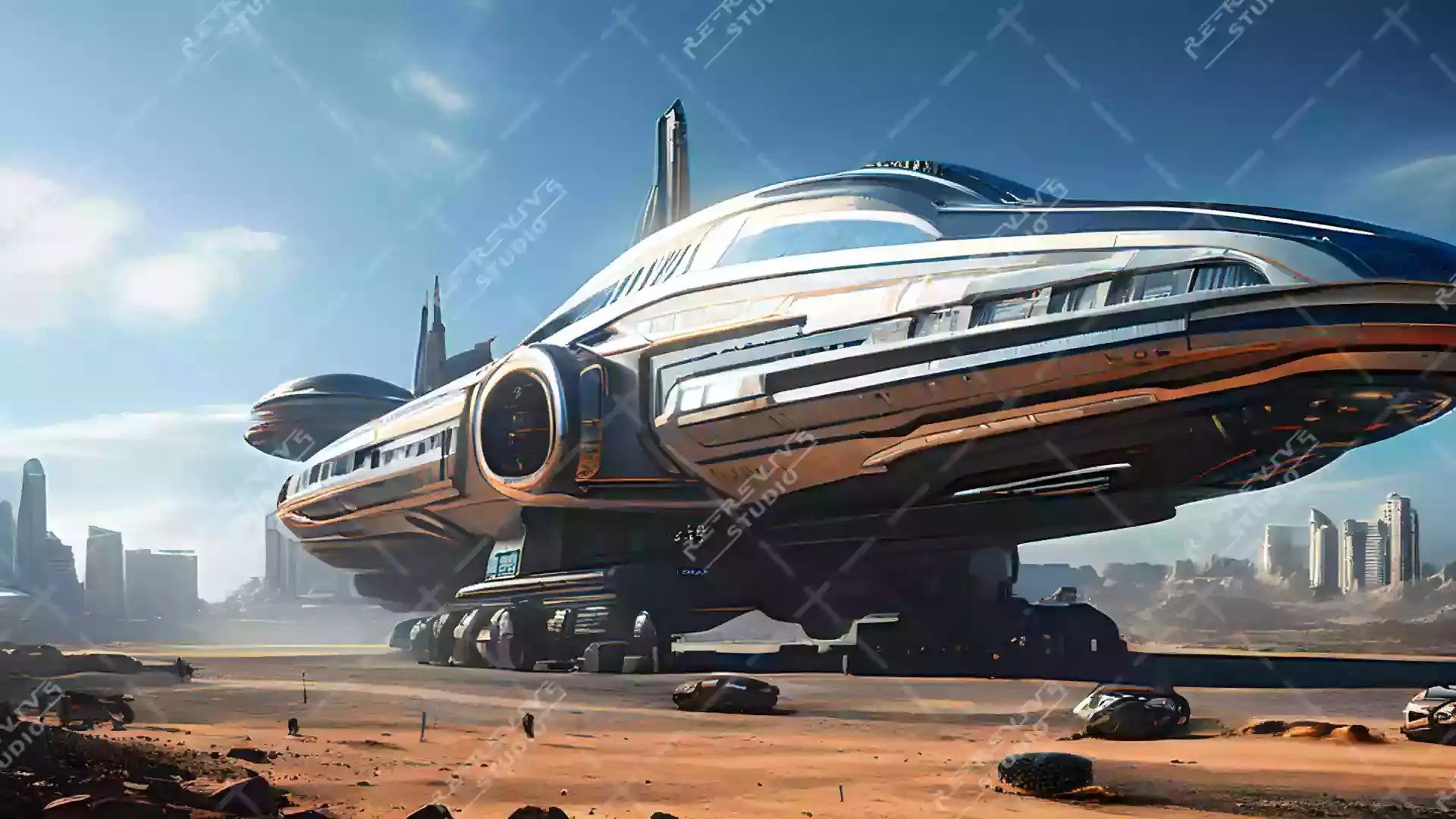 Spaceship Docked on City in Mars - Spaceship, Mars, City, Futuristic, Martian - RE-Revive Studio