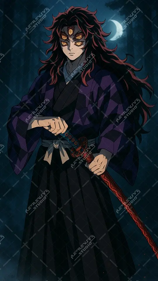 Kokushibo with multiple eyes and dark demonic aura from Demon Slayer, Free anime mobile wallpaper - RE-Revive Studio.