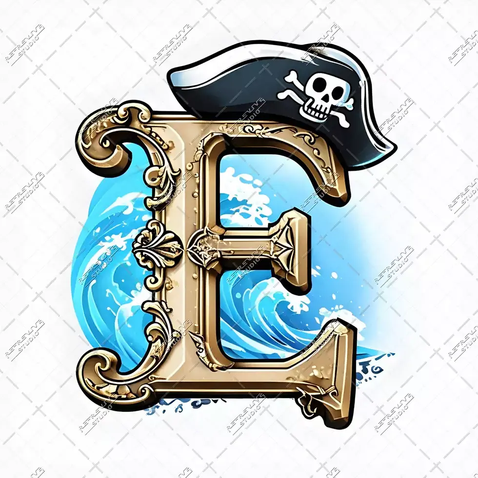 E - Pirate Hat Monogram - Letter E, Pirate Hat, One piece, Anime, Pirate, Ocean, Luffy, Cartoon, RE-Revive Studio