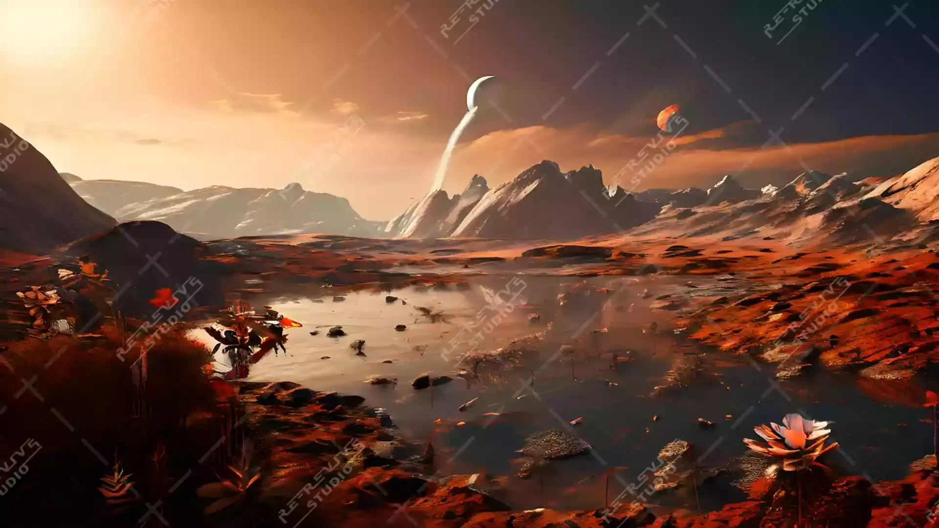 Mars Landscape with Lakes and Plants - Lake, Plant, Discovery, Mars, Red Planet - RE-Revive Studio