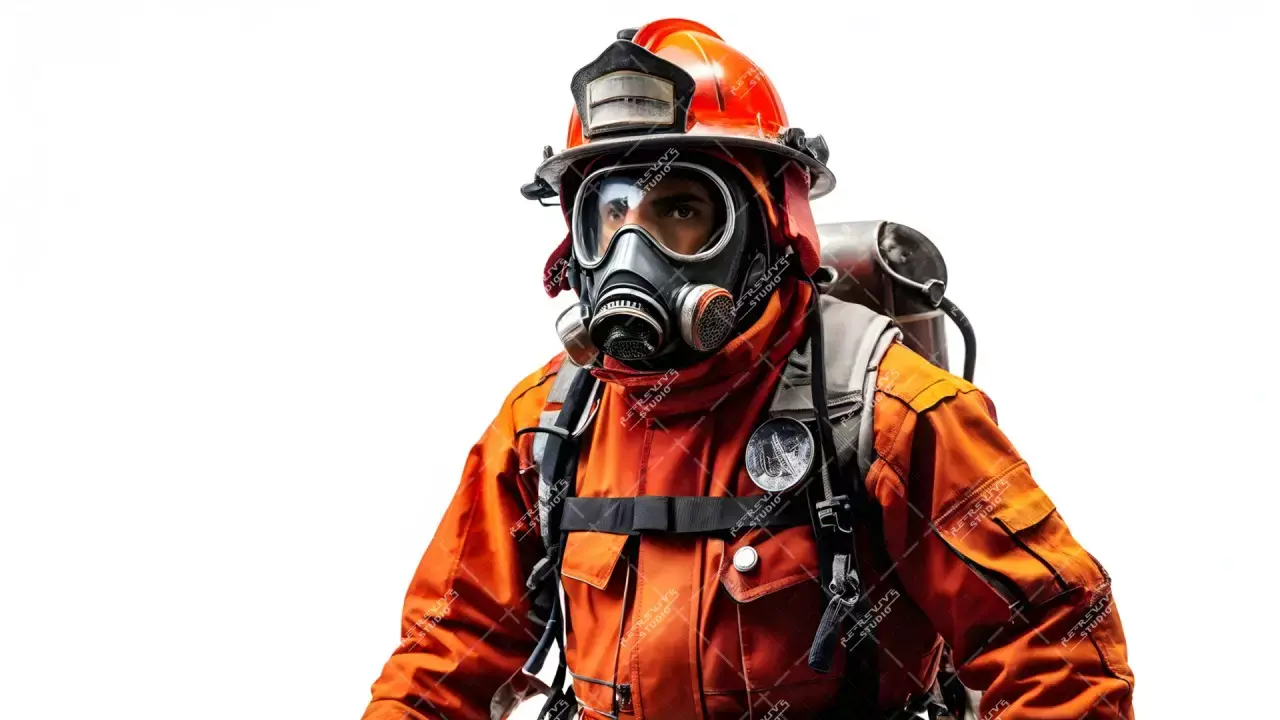 Fireman Unifrom with mask - Fireman, Firefighter, Emergency, Safety, AI Stock Image - RE-Revive Studio