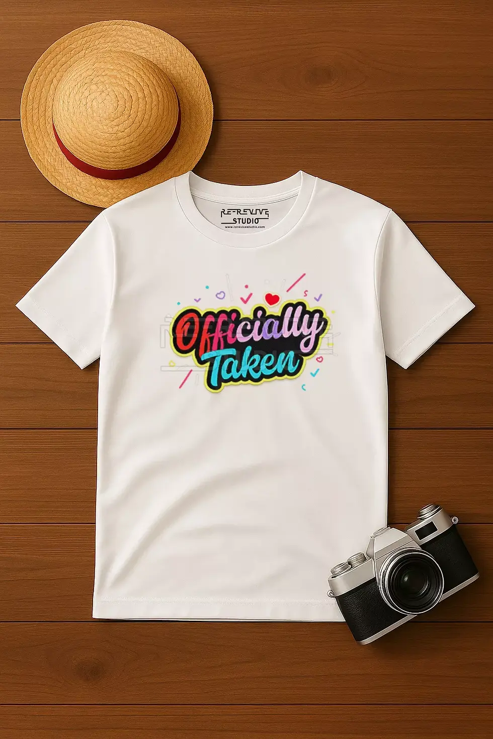 Officially Taken Printed White T-Shirt colorful status print - Valentine's Day T-Shirt, Lovers Day Dress, RE-Revive Studio.