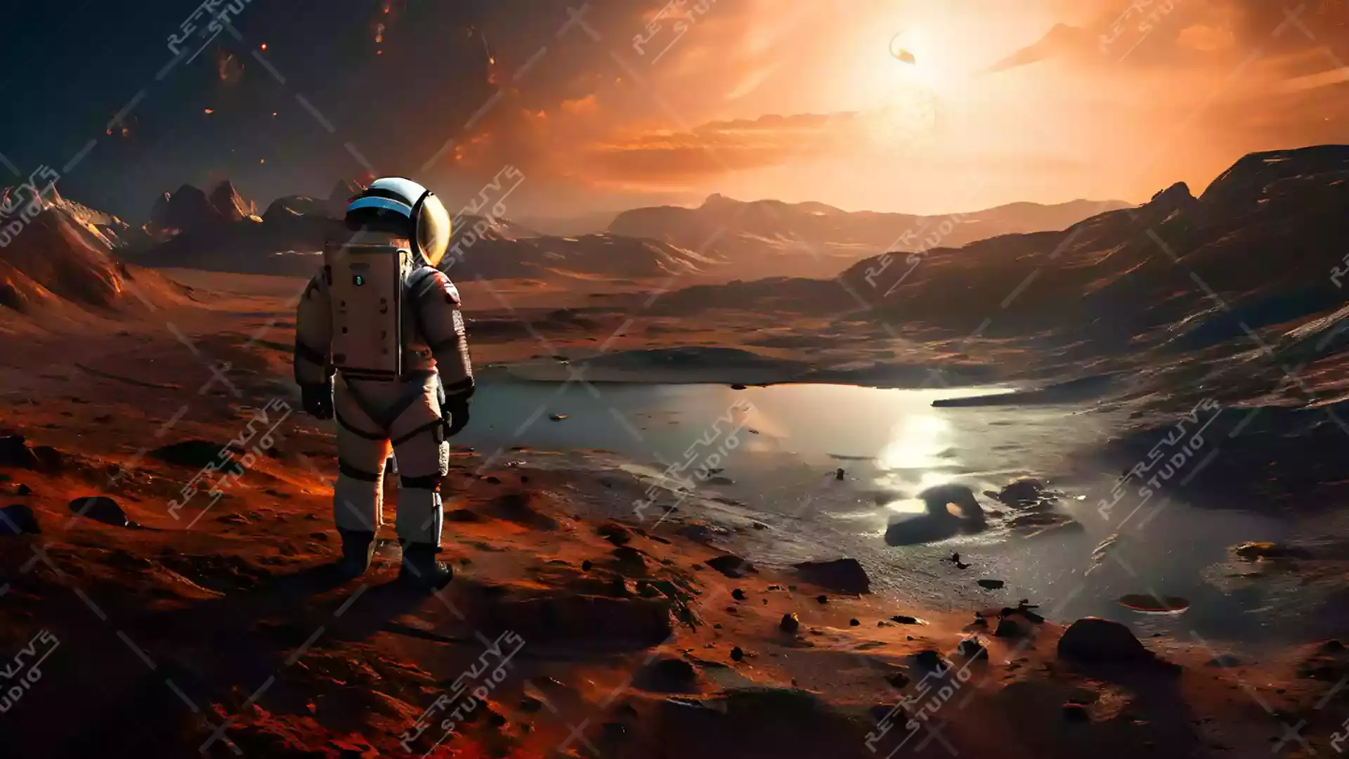 Astronaut Discover Water on Mars Planet - Mars, Water, Lake, Discovery - RE-Revive Studio