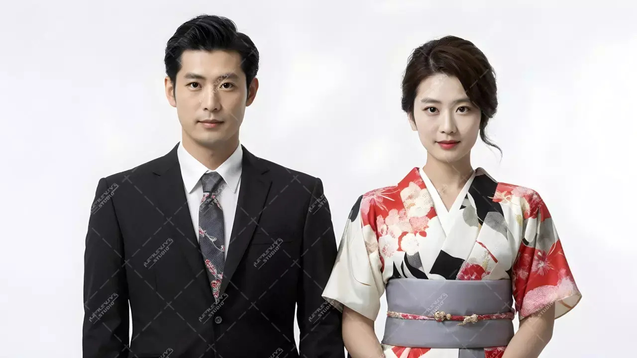 Japanese Couple in Traditional Dress - Tradition, Japanese Couple, Black Suit, Snow, AI Stock Image - RE-Revive Studio