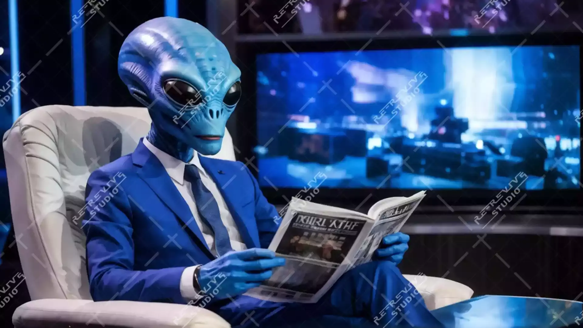 Alien Reading Newspaper - Businessman, Newspaper, Extraterrestrial, News studio - RE-Revive Studio