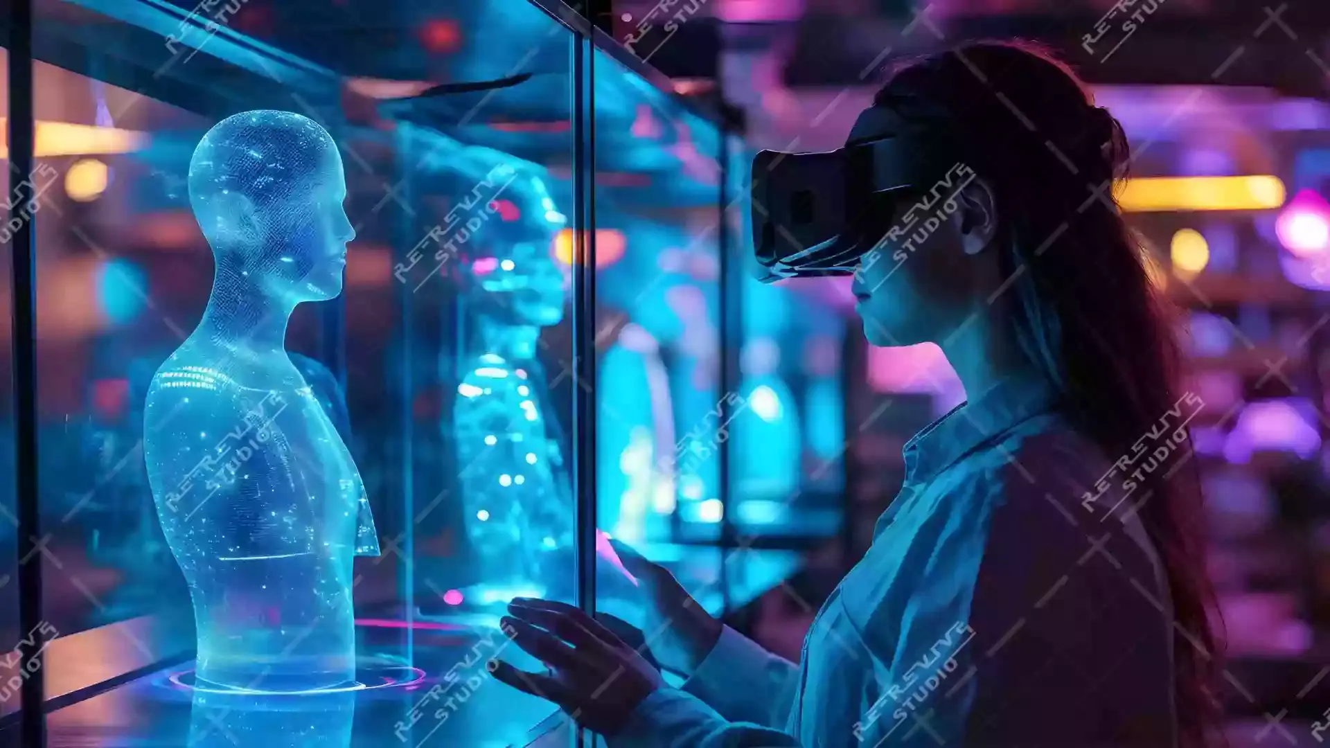 Woman in Modern VR Glass AI Concept - AR, VR, AI Robot, Virtual Reality, Hologram | RE-Revive Studio