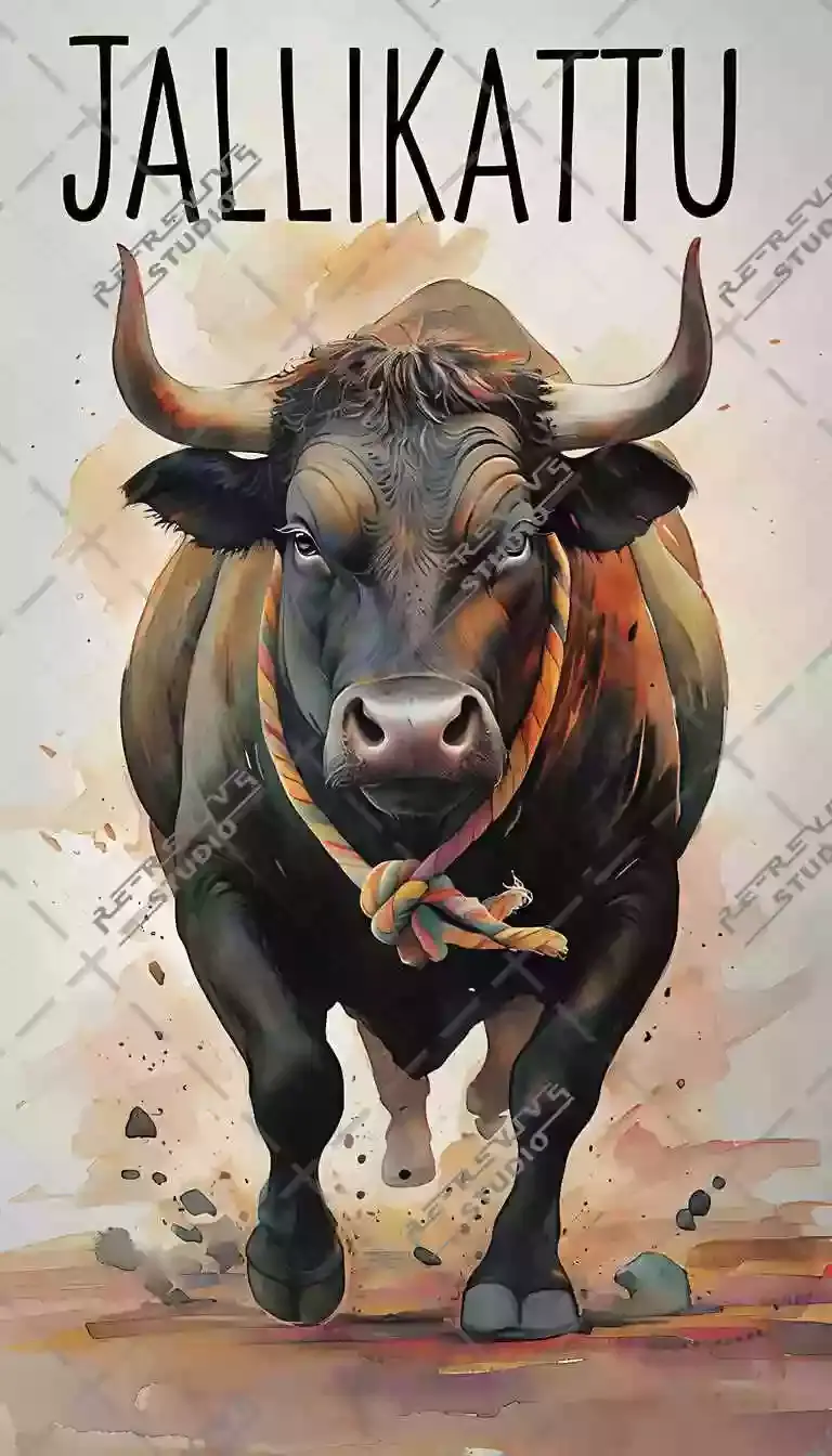 Jallikattu Dynamic Watercolor - Happy Pongal, Poster Design, Mattu Pongal, Farmers, Tamil Festival, RE-Revive Studio.