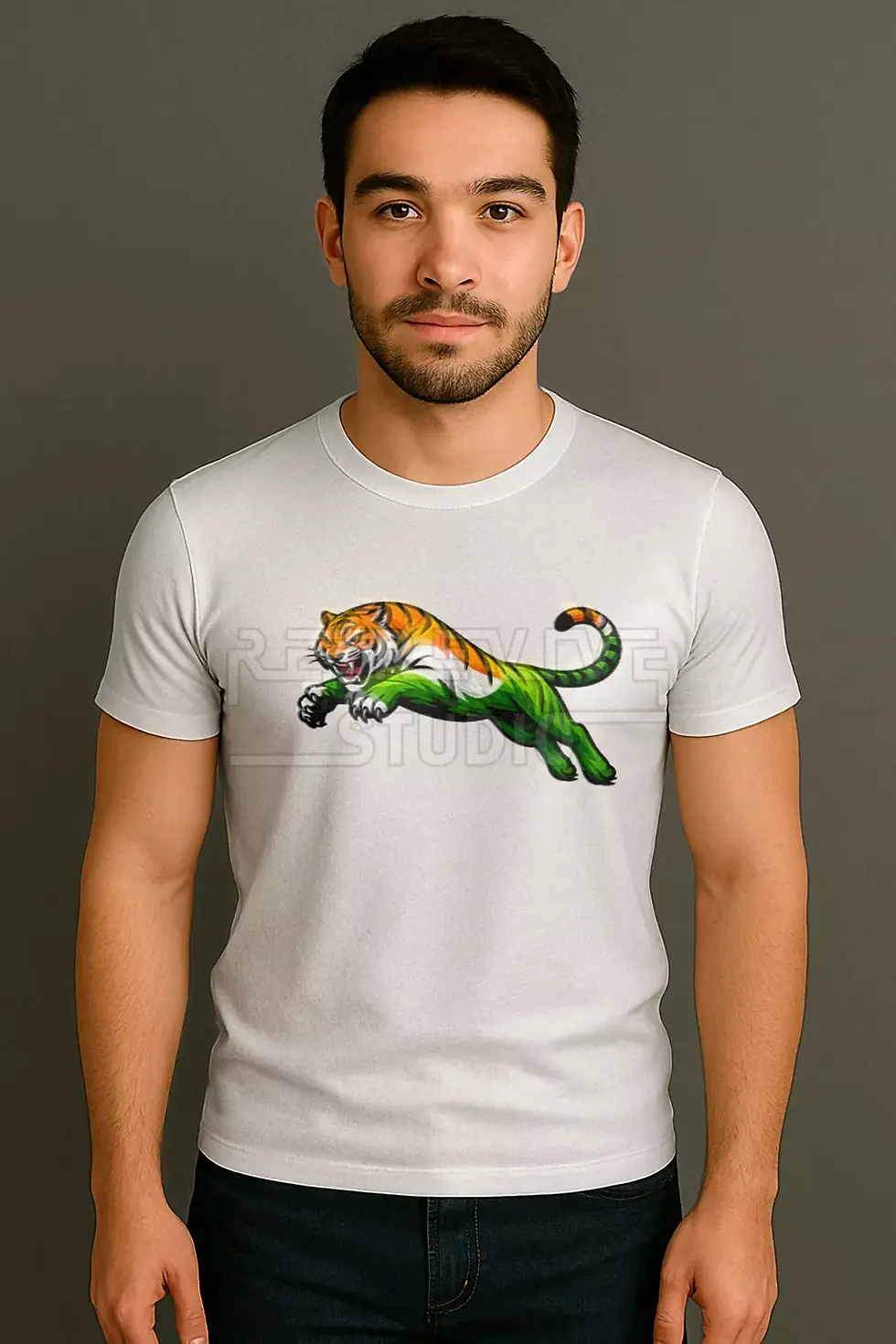 Indian tiger printed t-shirt symbolizing strength and patriotism - Indian Tiger T-Shirt, Tricolour T-Shirt, RE-Revive Studio
