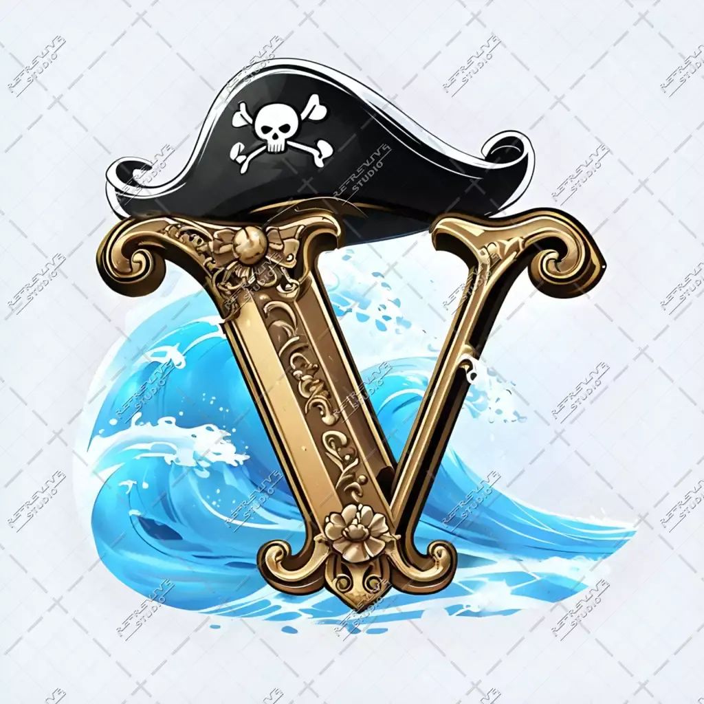 V - Pirate Hat Monogram - Letter V, Pirate Hat, One piece, Anime, Pirate, Ocean, Luffy, Cartoon, RE-Revive Studio