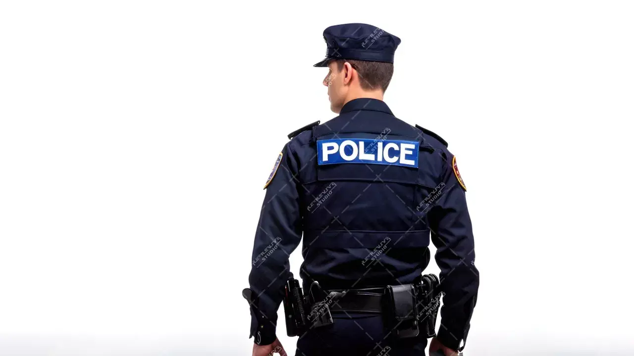 Police man Back pose - Police Man, Law And Order, Security, Police Department, AI Stock Image - RE-Revive Studio