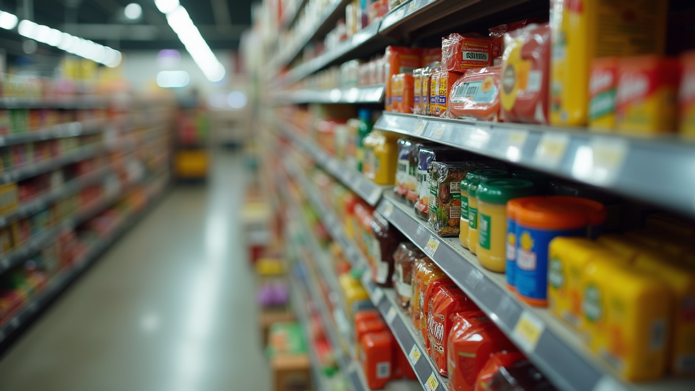 High angle view of a colorful grocery shelf stocked with various packaged goods
