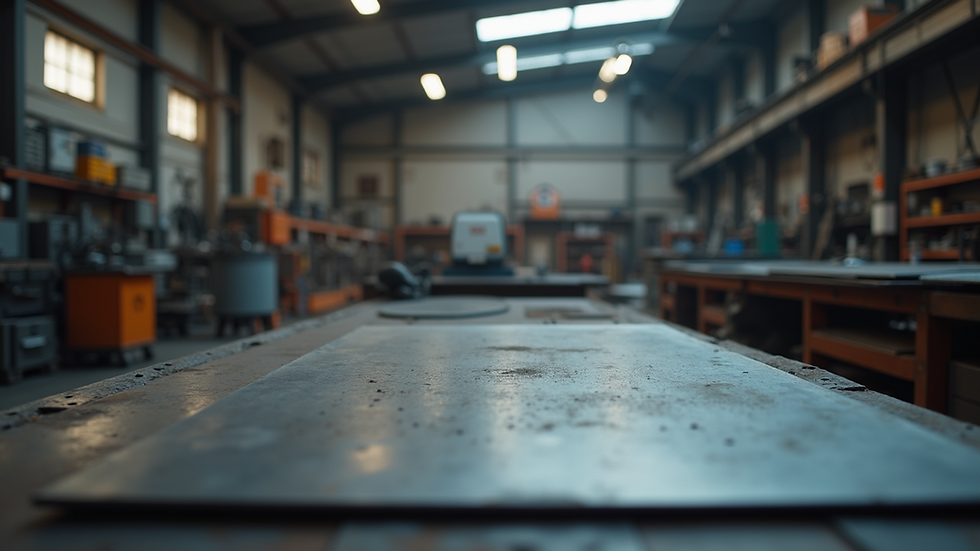 Eye-level view of a metal workshop with fabrication tools and metal sheets