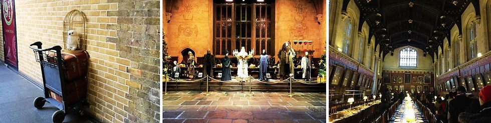 Mais lugares relativos ao universo de "Harry Potter": o trolley dele na estação King Cross, e os salões principais da Escola de Hogwarts e do Christ Church College.(Fotos: Fran Mateus).