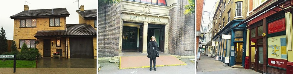 Lugares exibidos em "Harry Potter e a Pedra Filosofal": a casa dos Dursleys, o London Zoo e a entrada para o Beco Diagonal.