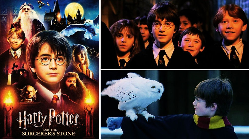 Pôster e cenas de "Harry Potter e a Pedra Filosofal": o primeiro filme de uma saga de sucesso (2001).