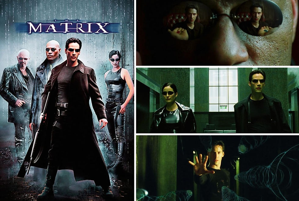 Pôster e cenas do filme "Matrix" (1999), com Keanu Reeves, Laurence Fishburne e Carrie-Anne Moss.