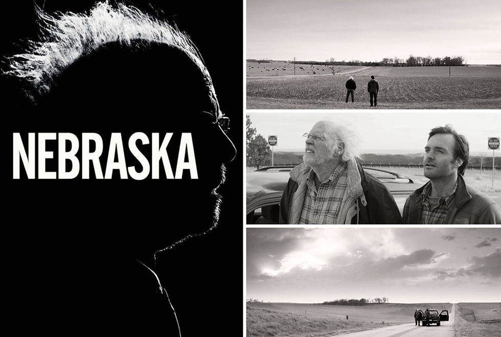 Pôster do road movie "Nebraska" (2013) e cenas nas estradas entre Billings e Lincoln.