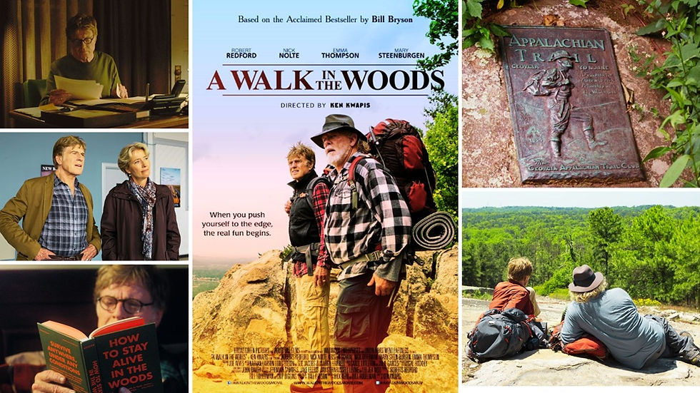 Cenas iniciais e na trilha dos Apalaches do filme "Uma caminhada na floresta" (ou "Por Aqui e Por Ali", de 2015).
