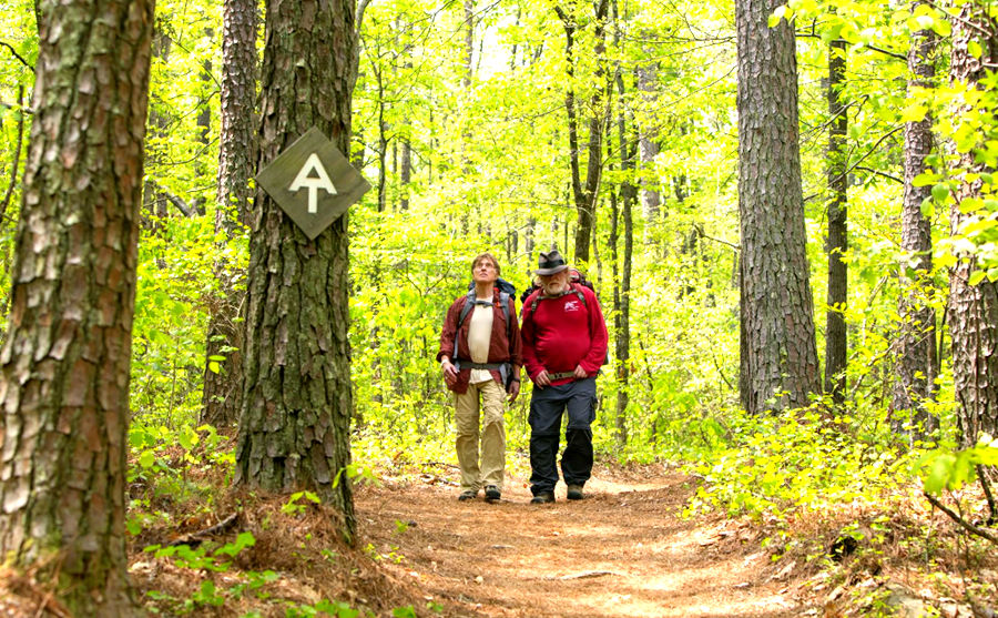 Bill Bryson (Redford) e Stephen Katz (Nolte) caminhando pela Trilha dos Apalaches em "Uma Caminhada na Floresta" (ou "Por Aqui e Por Ali").
