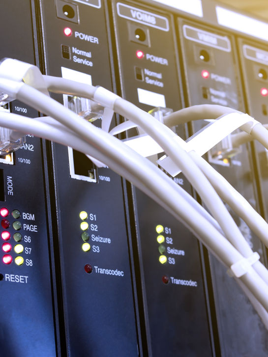 White network cables plugged into a row of network equipment.