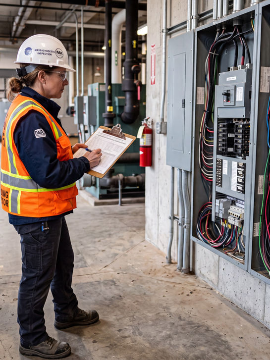 An inspector in a hard hat and safety vest reviews a clipboard beside open electrical panels.