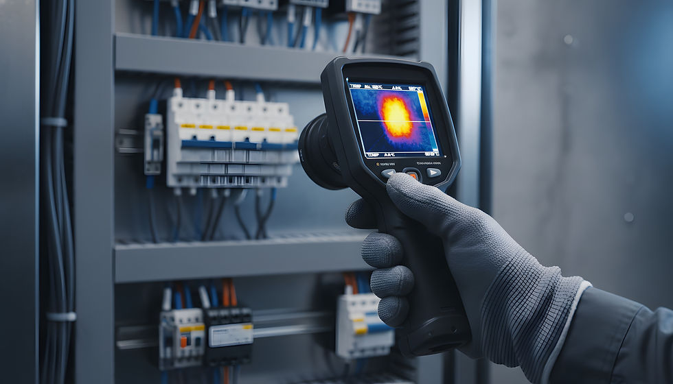 Thermal camera scanning circuit breakers with one hot spot visible on the screen