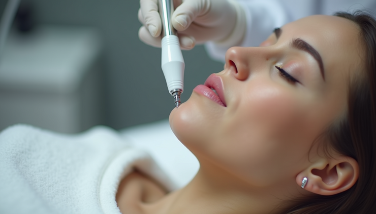 Close-up view of microneedling device on smooth skin surface in a Birmingham clinic