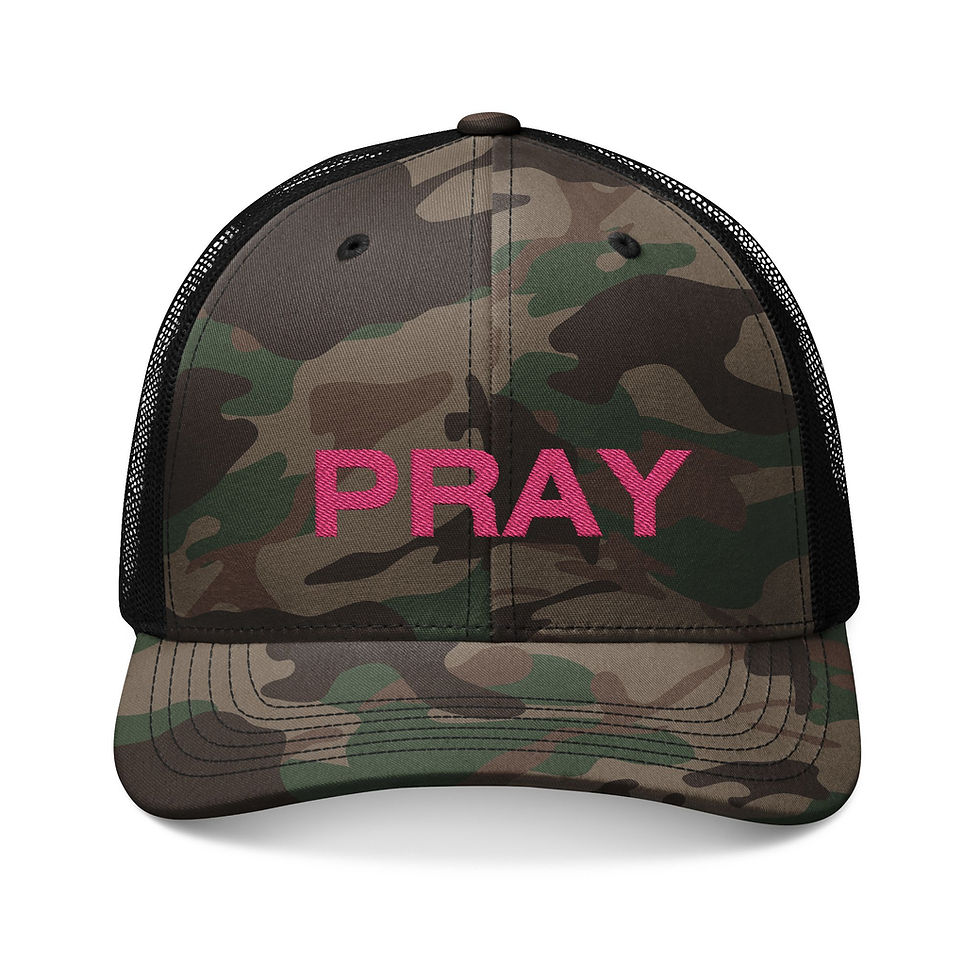 Thumbnail: Camouflage Trucker Hat — Embroidered "PRAY" Pink Camo Cap