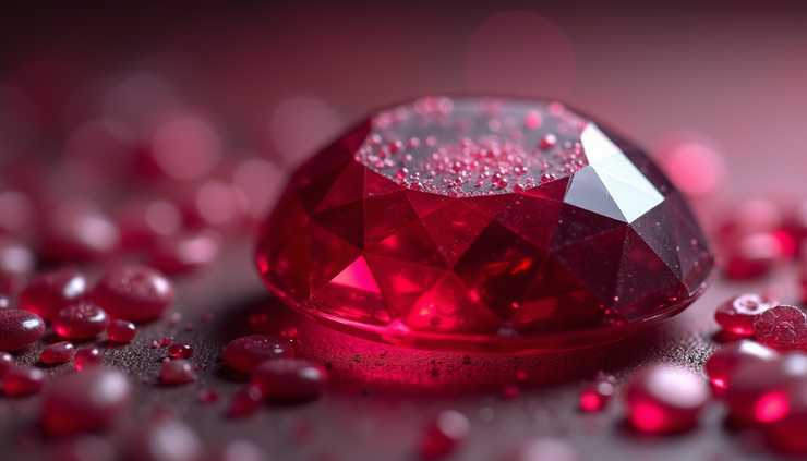 Eye-level view of a vibrant ruby gemstone on a dark background