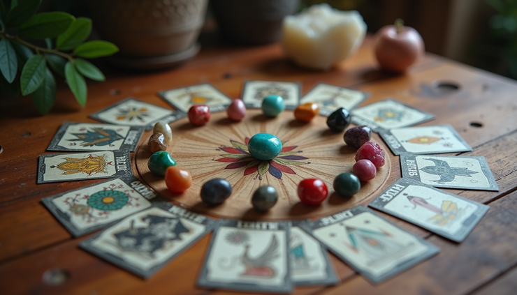 High angle view of a crystal grid featuring various birthstones arranged with tarot cards