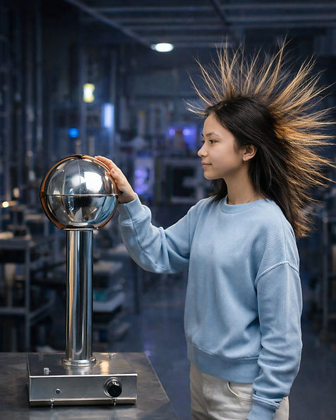 Stem workshop girl touching static generator in the classroom