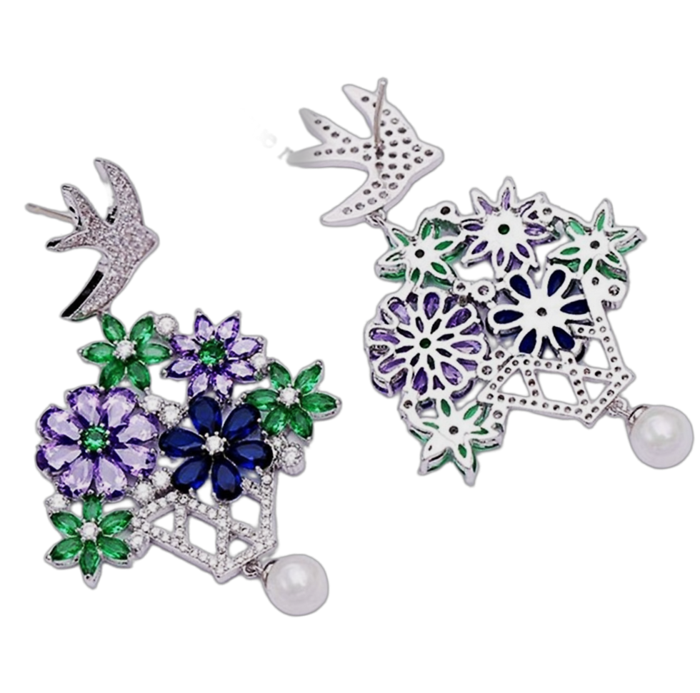 Flower Birds Drop Crystal Pearl Earrings