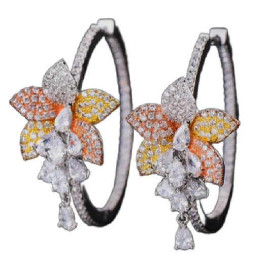Silver Plated Yellow Crystal and CZ Floral Hoop Earrings