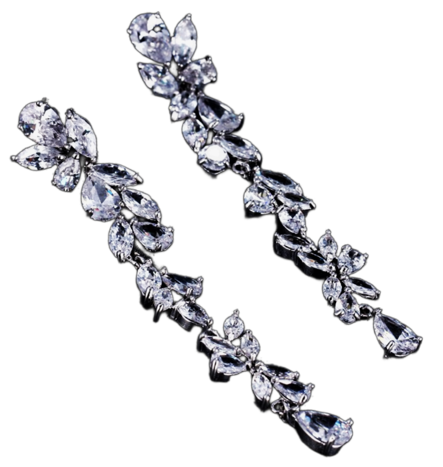 Long White Gold Plated CZ Cluster Drop Earrings