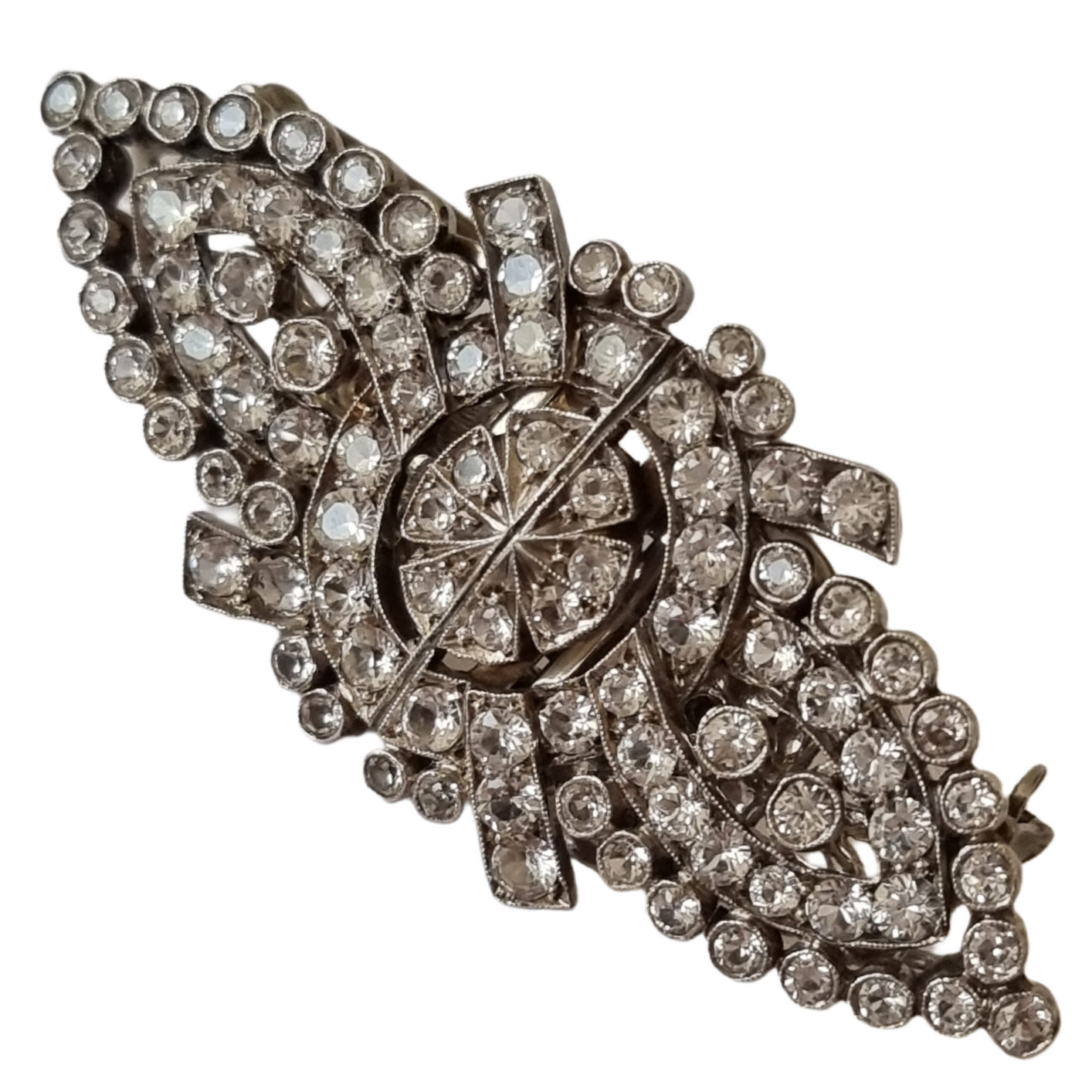 Antique Art Deco White Sapphire Sterling Silver Brooch Dress Clip