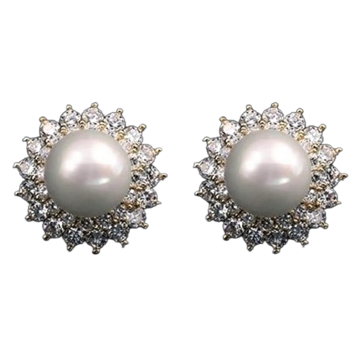 Pearl Gold CZ Stud Cluster Earrings