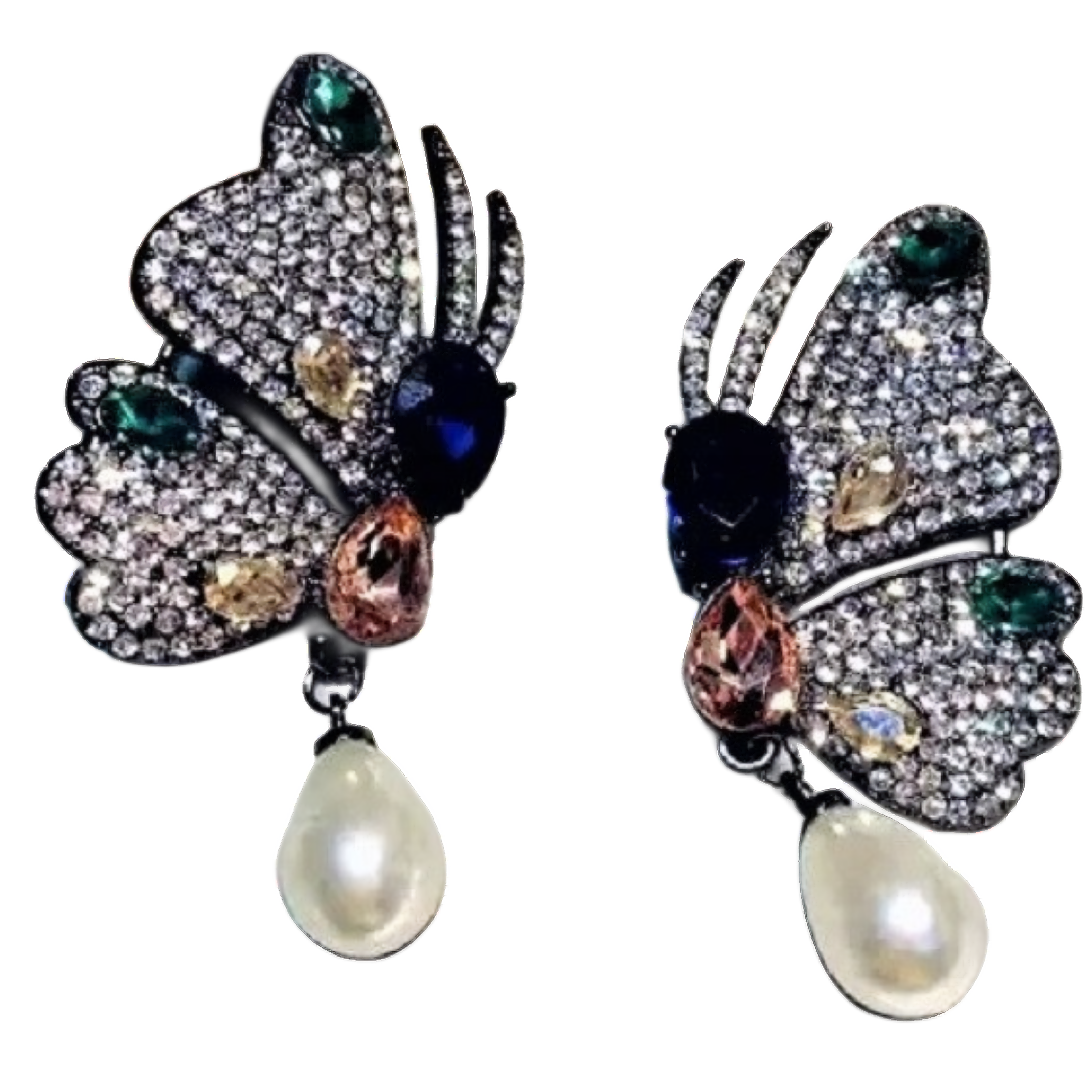 Silver Sapphire Blue and Pearl Crystal Butterfly Earrings