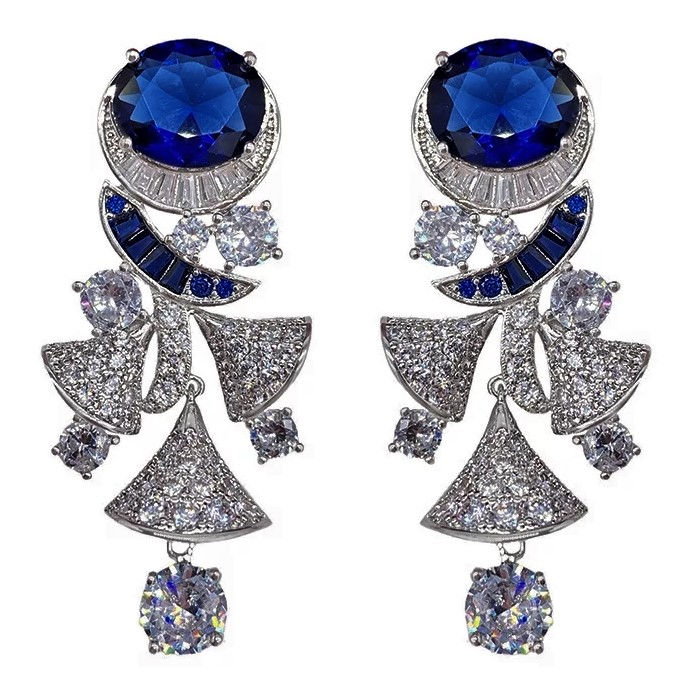 White Gold Plated Sapphire Blue Crystal Cluster Drop Earrings