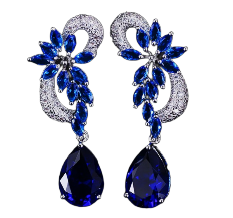 Blue Silver Drop Dangle Clip on Earrings